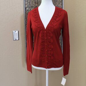 Semantiks Persian Red V Neck, Lace Collar, Button Down Cardigan.